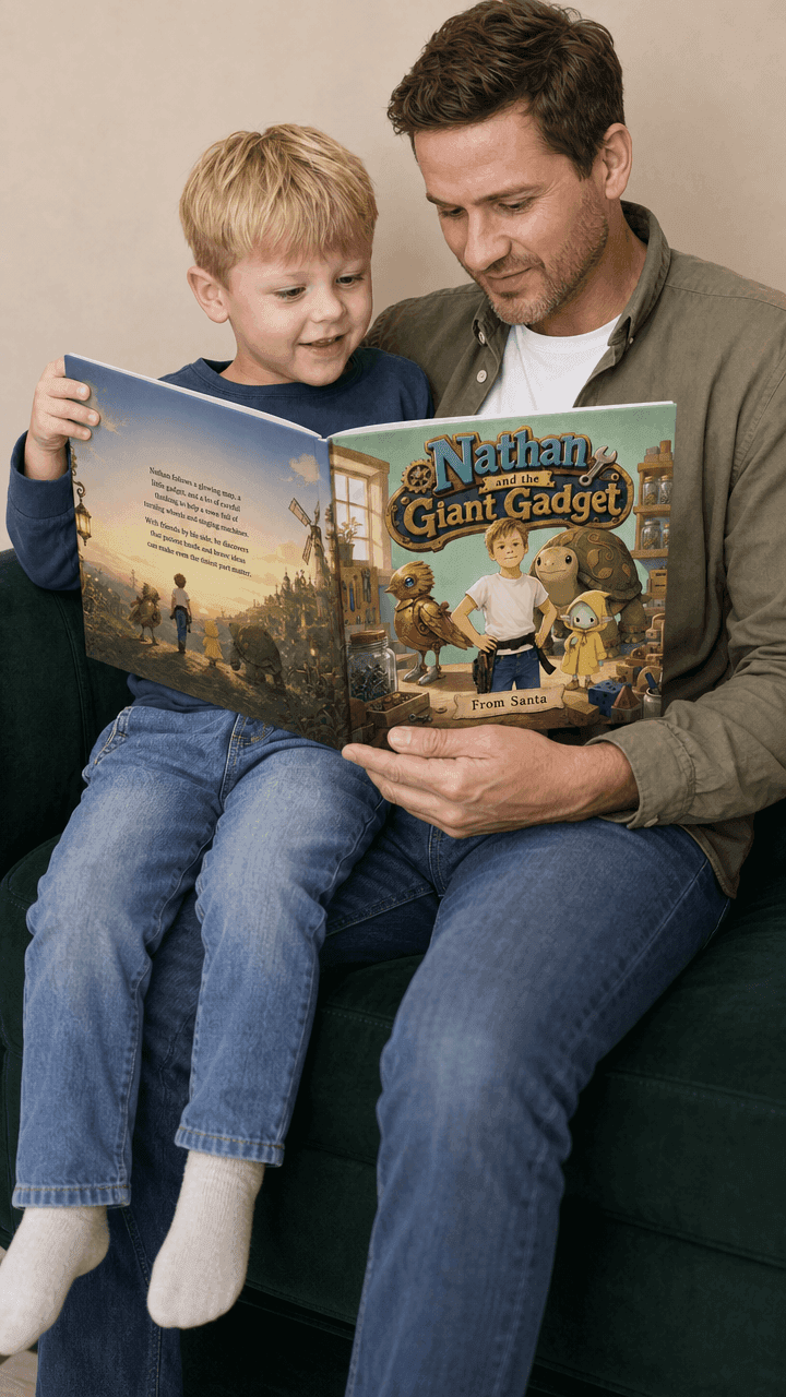 Father and son reading a personalized kids storybook together