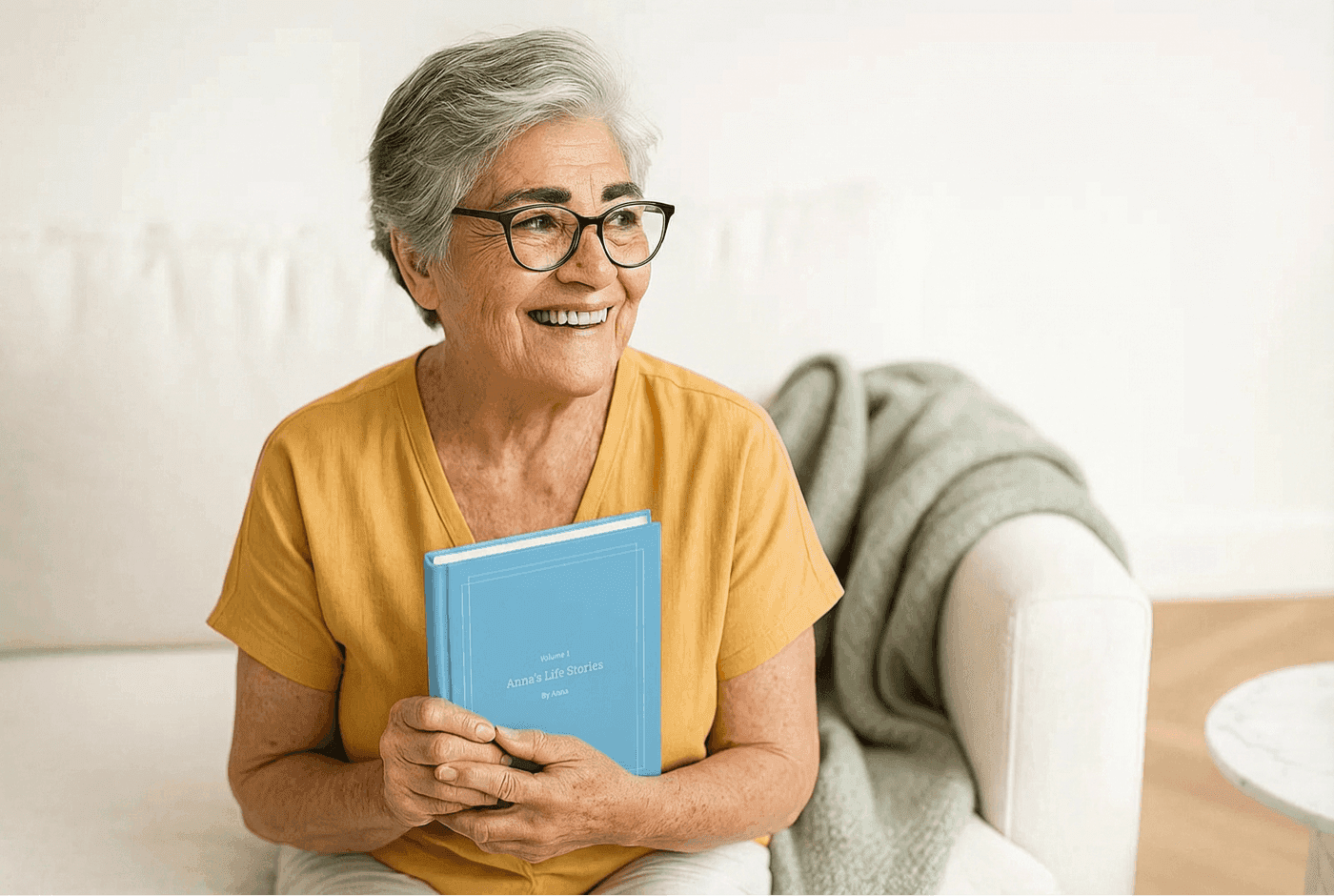 Elderly woman with a satisfied look on her face holding a light blue book